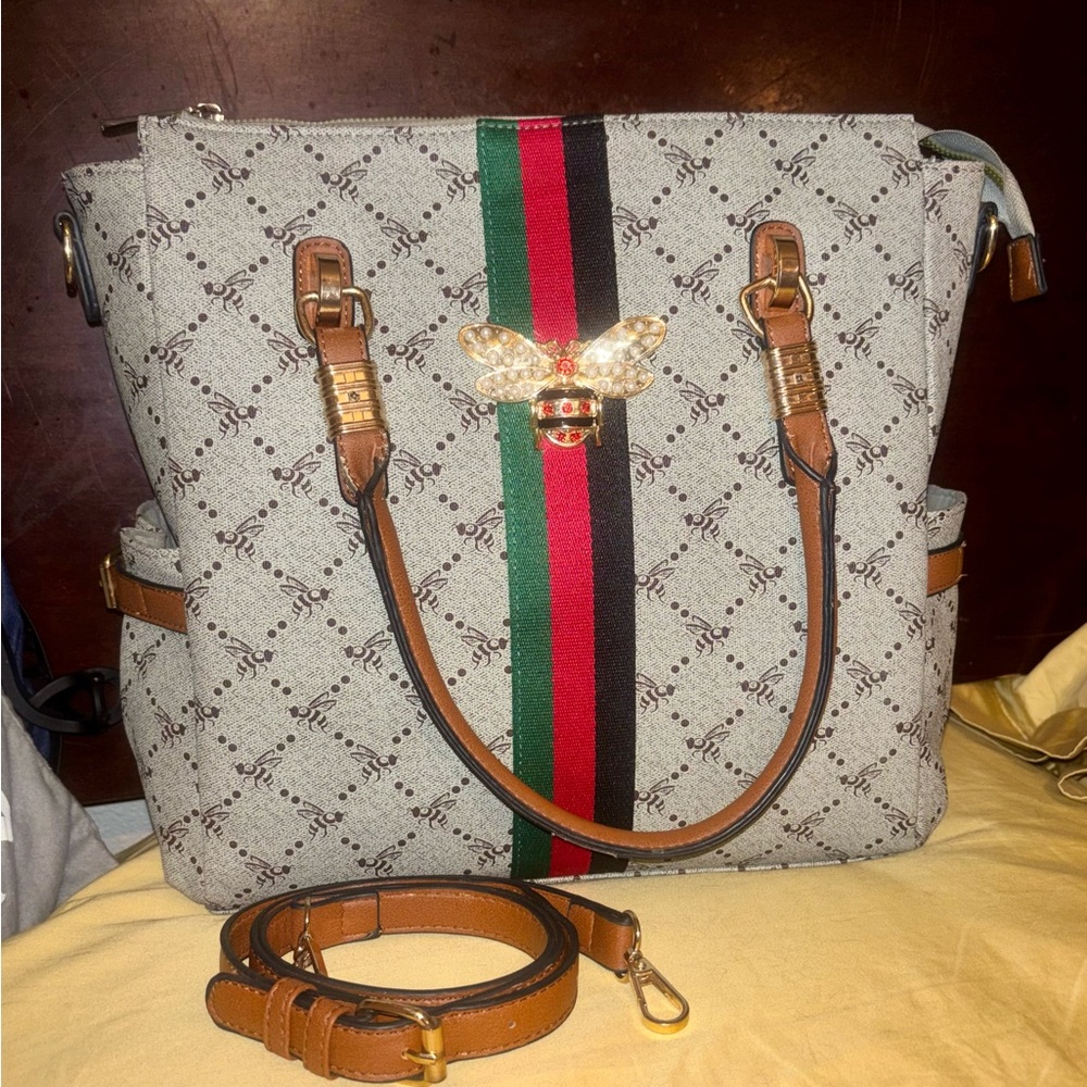 Designer-Inspired Tan & Beige Stripe Bee Tote Bag with Green Red & Black EUC